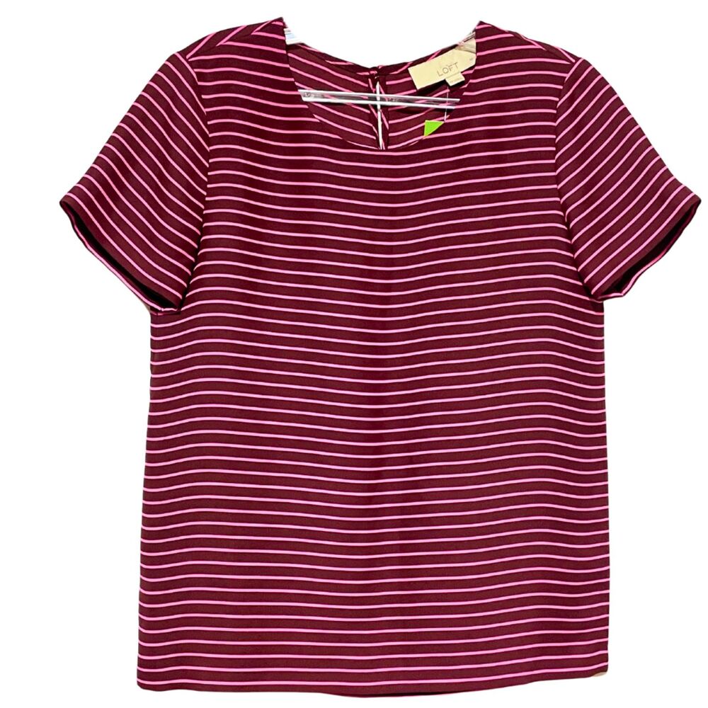 Ann Taylor Loft Club Stripe Crew Neck Burgundy Short Sleeve Blouse XS Petite